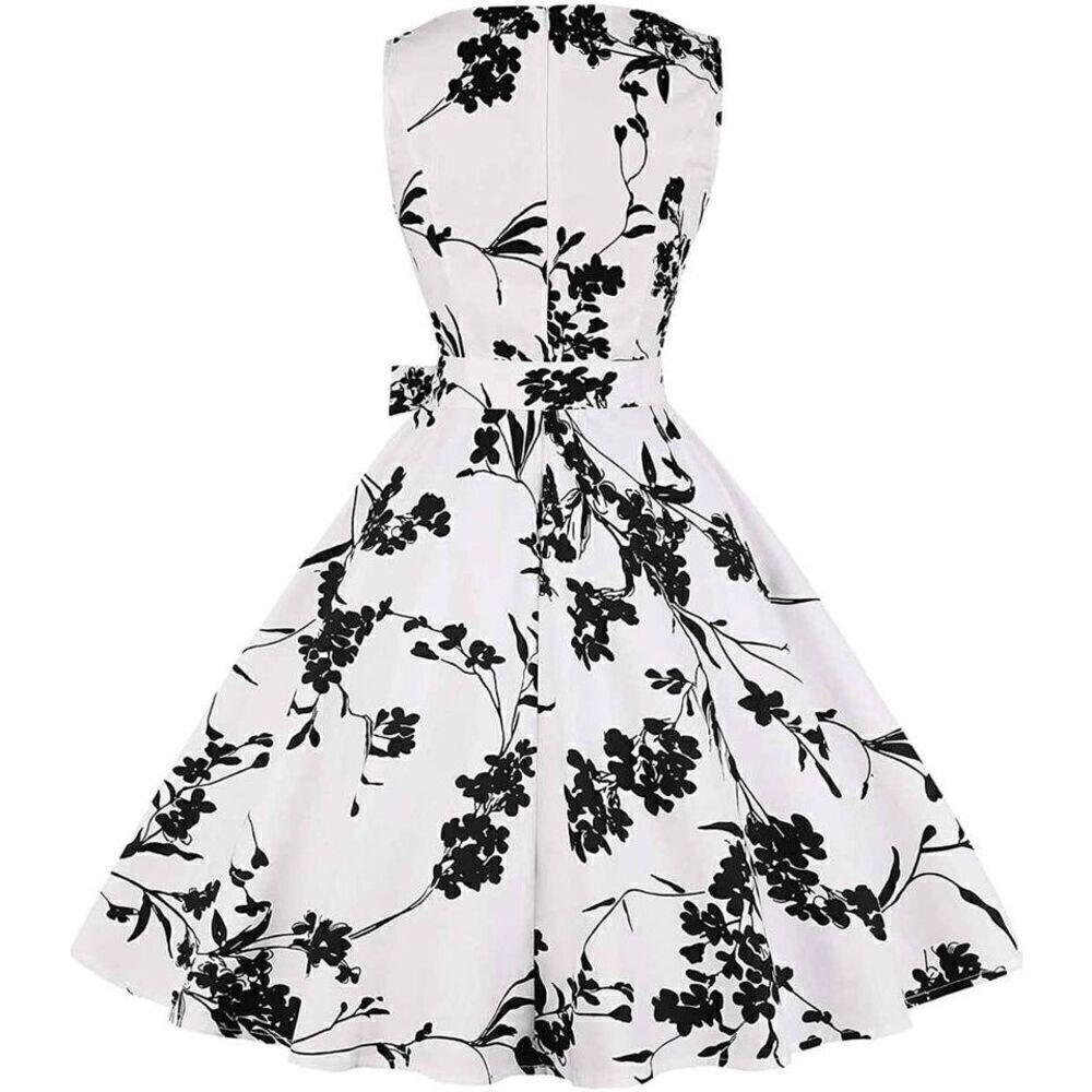 🖤🤍 Pinup Retro Vintage 1950s Floral White Rockabilly Dress w/Belt NEW L - Picture 2 of 15